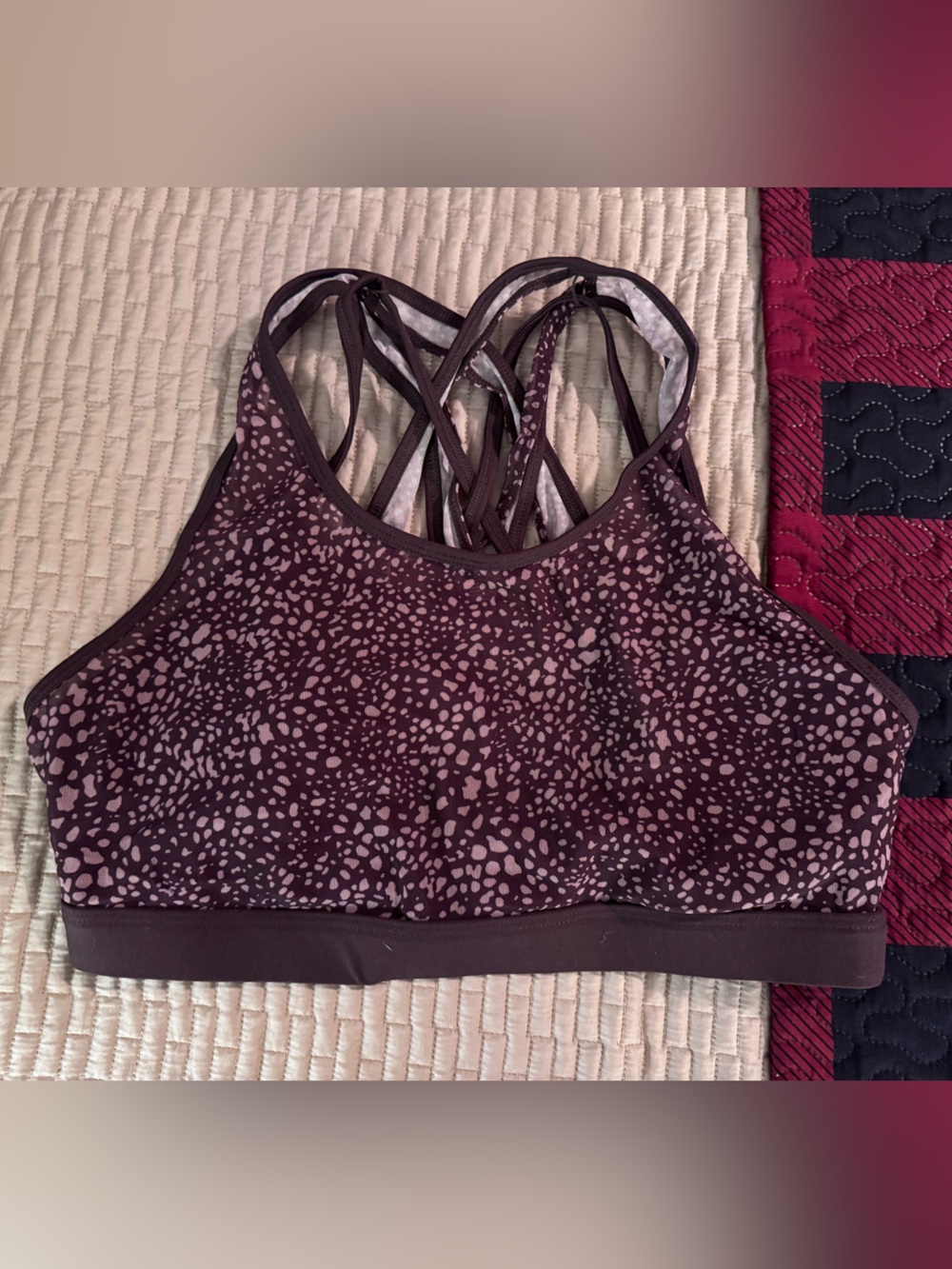 Fabletics Brown/Tan Printed Mesh Double Layer Strappy Sports Bra